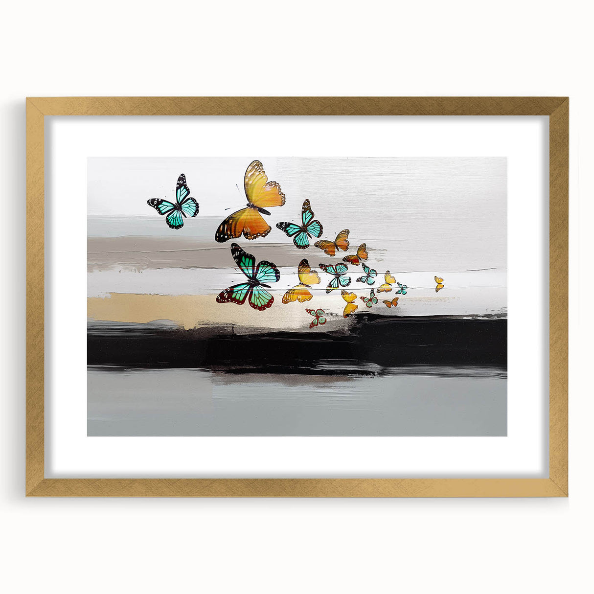 Abstract wall art featuring gold and white strokes and lines in a modern frame, showcasing contemporary design elements for stylish decor.