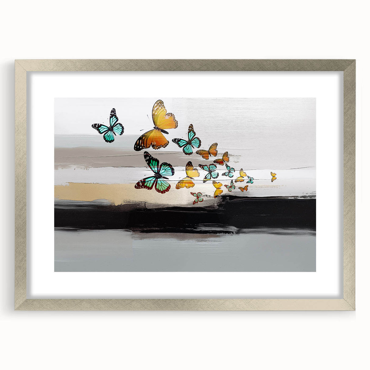 Abstract strokes and lines wall art print in silver frame with mat, showcasing modern design elements and elegant color contrasts for stylish decor.