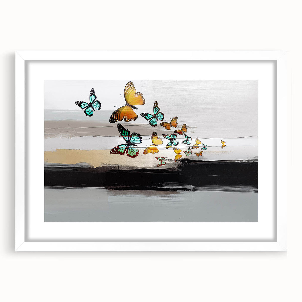 Abstract wall art featuring colorful strokes and lines in a modern design, presented in a white frame with a mat for an elegant look.