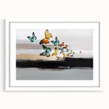 Abstract wall art featuring colorful strokes and lines in a modern design, presented in a white frame with a mat for an elegant look.