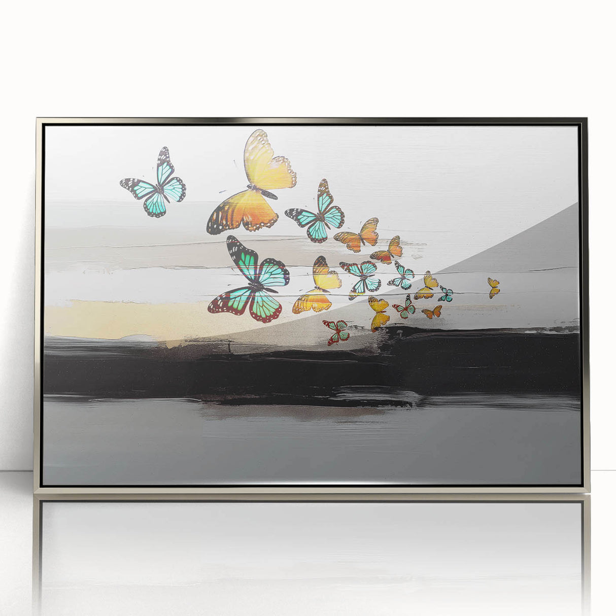 Framed abstract wall art featuring colorful strokes and lines in a modern design, set in a sleek silver frame, perfect for contemporary decor.