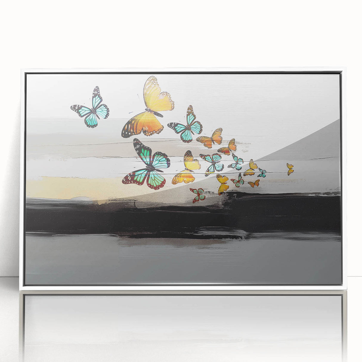 Abstract wall art featuring dynamic strokes and lines in a modern design, framed in white acrylic, perfect for contemporary decor.