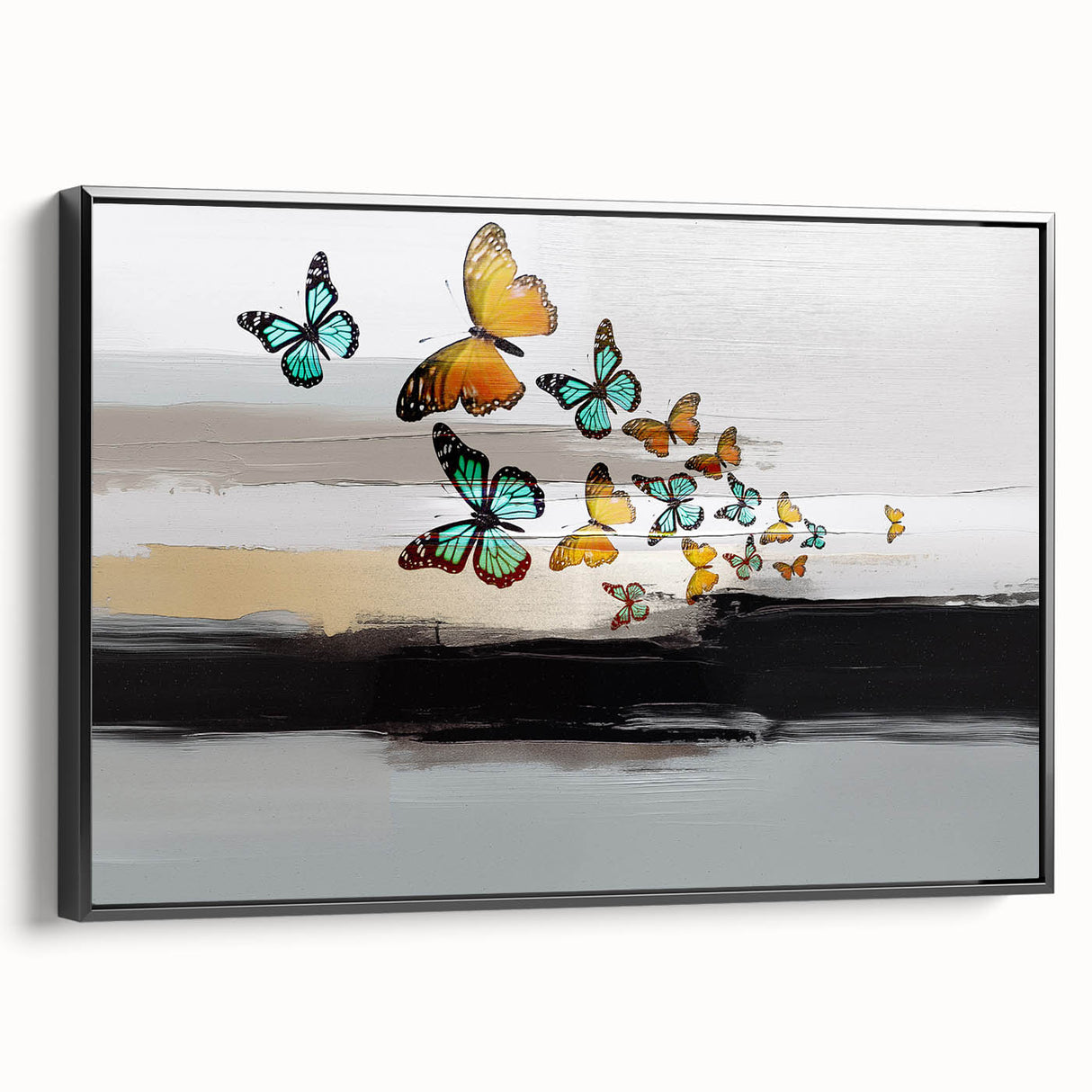 Framed abstract wall art showcasing dynamic strokes and lines in black and white, emphasizing modern design with a sleek profile view.