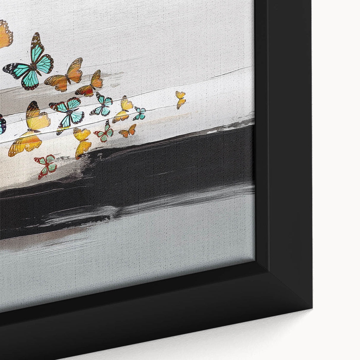 Close-up of a framed abstract wall art piece showcasing vibrant strokes and lines in blue, orange, and yellow, perfect for modern decor.