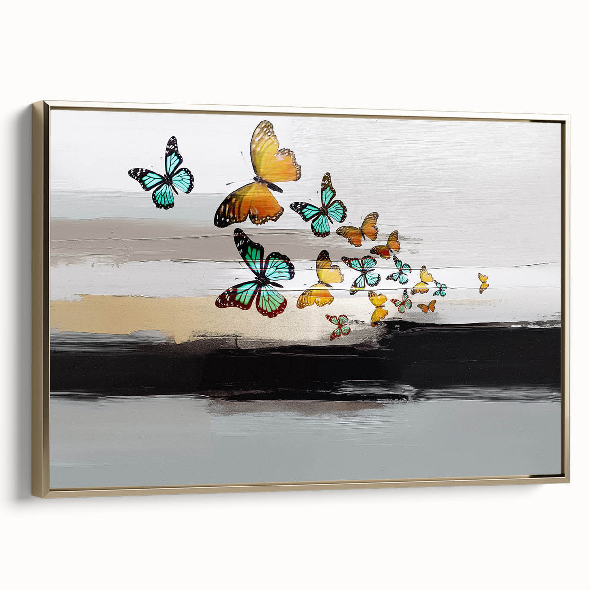 Framed canvas artwork showcasing an abstract design of gold strokes and lines, adding elegance to modern decor in a stylish side view.