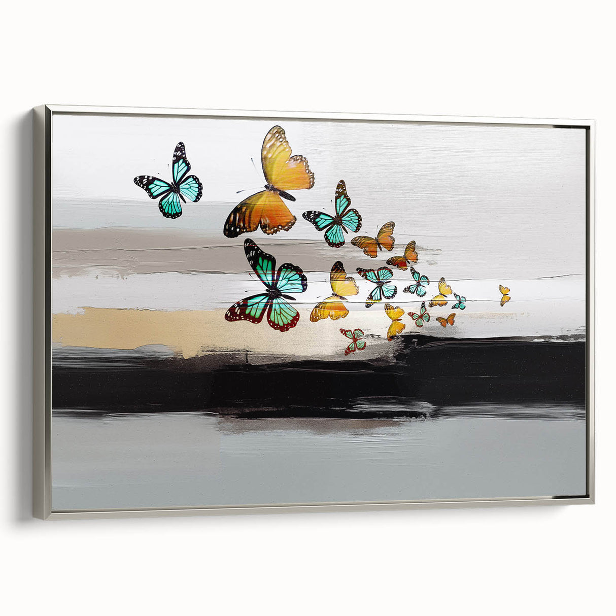 Framed abstract wall art showcasing vibrant strokes and lines in a modern design, featuring a silver frame that enhances its contemporary appeal.