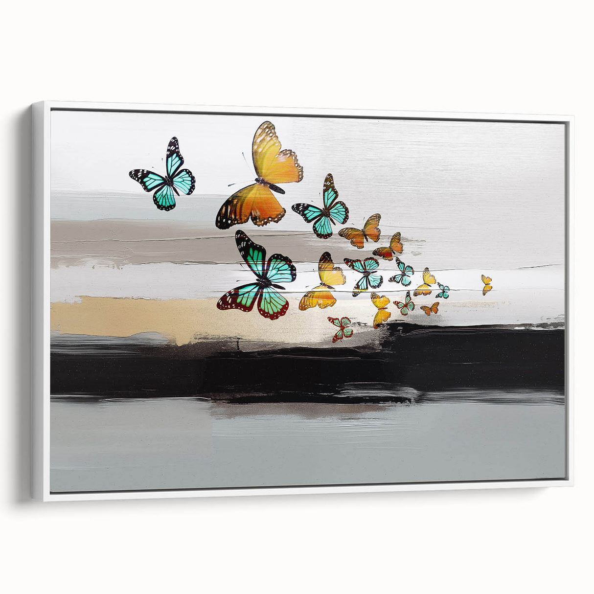 Framed abstract wall art showcasing colorful strokes and lines on a white canvas, perfect for modern home decor and artistic interiors.