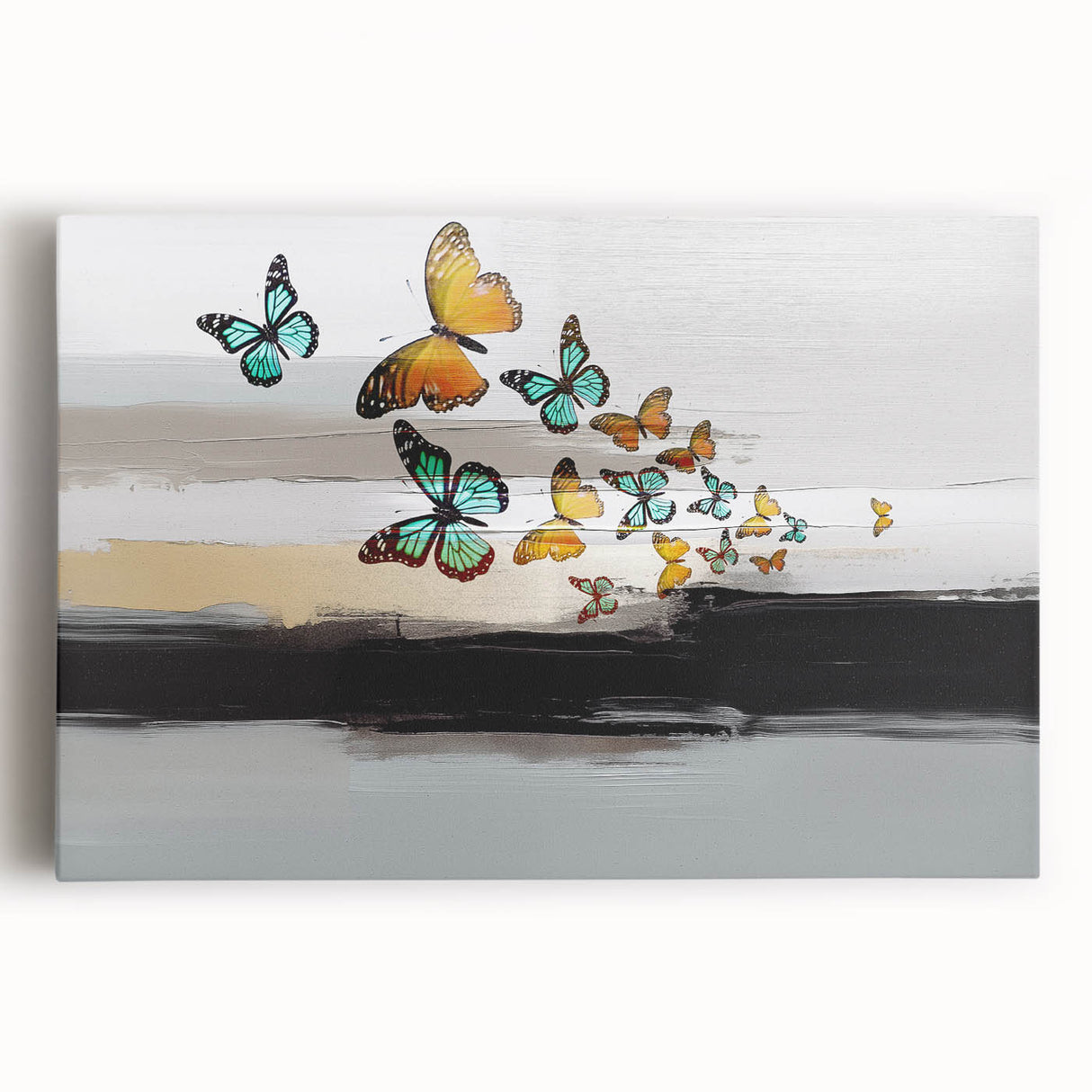 Abstract canvas wall art showcasing vibrant strokes and lines in shades of blue, pink, and gold, perfect for modern home decor.