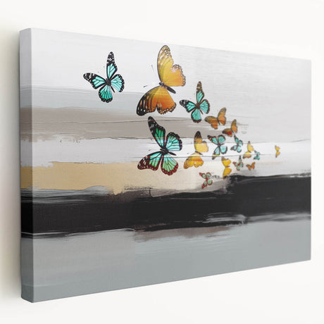 Abstract canvas wall art featuring vibrant strokes and lines in shades of blue, orange, and yellow, showcasing modern design for home decor.
