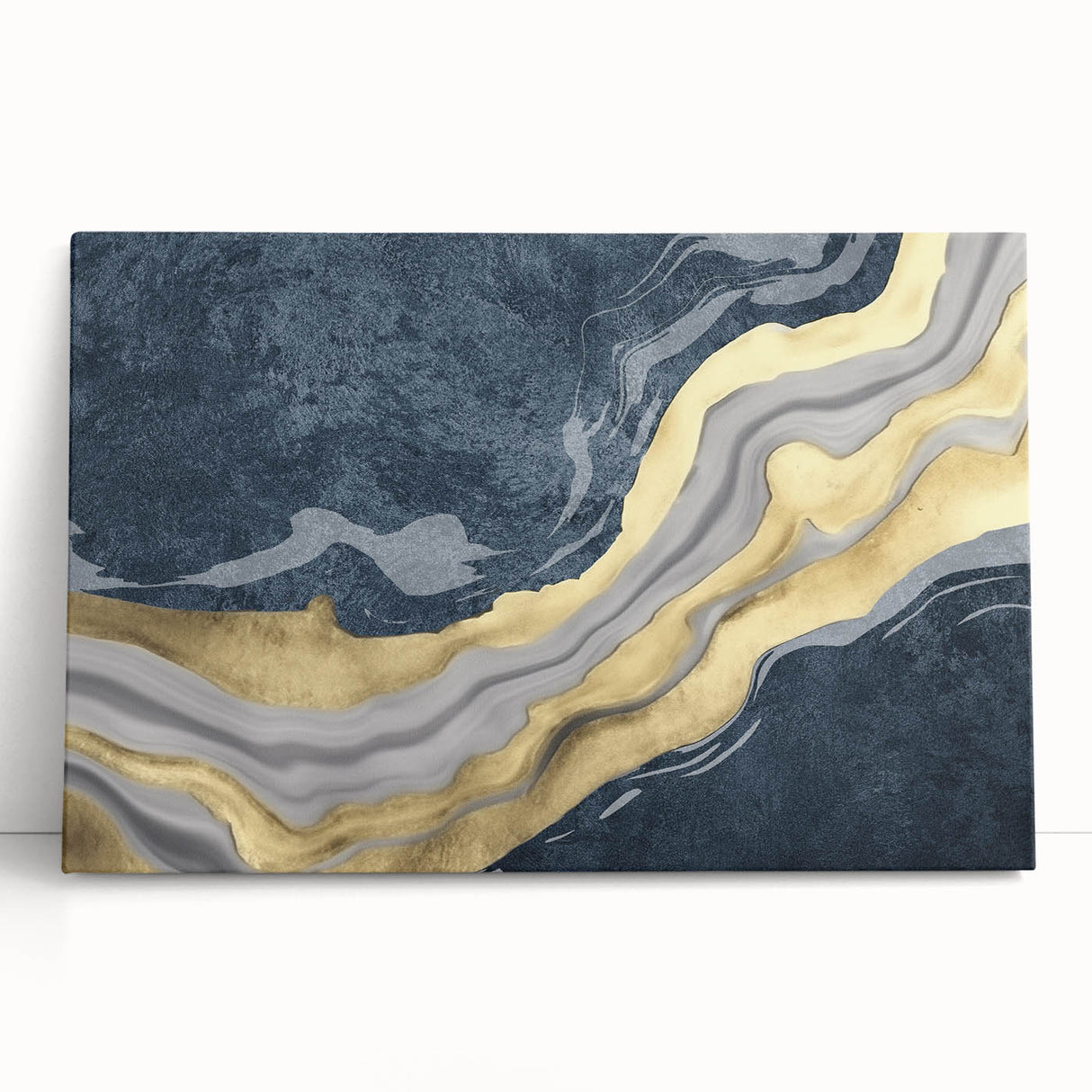 Abstract wall art design showcasing vibrant strokes and lines in shades of blue, orange, and yellow on stretched canvas, perfect for modern decor.