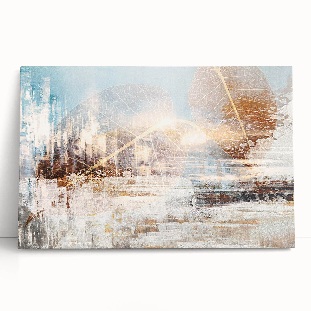 Abstract wall art design featuring vibrant strokes and lines in shades of blue, yellow, and pink on stretched canvas, perfect for modern decor.