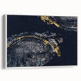 Framed abstract wall art showcasing a modern design with colorful strokes and lines on a white canvas, viewed from the side.