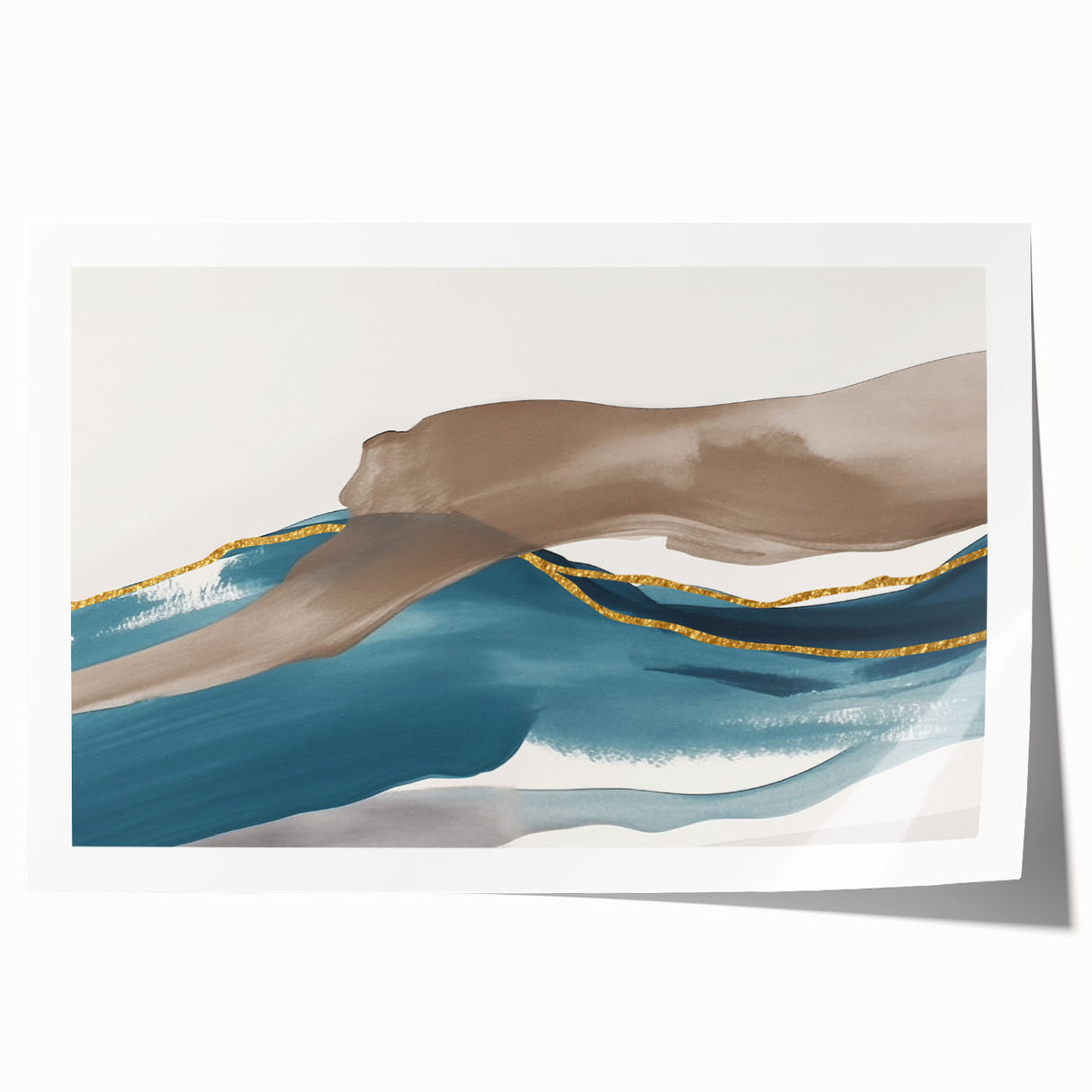 Abstract wall art print showcasing vibrant strokes and lines in shades of blue, orange, and yellow, perfect for modern home decor.