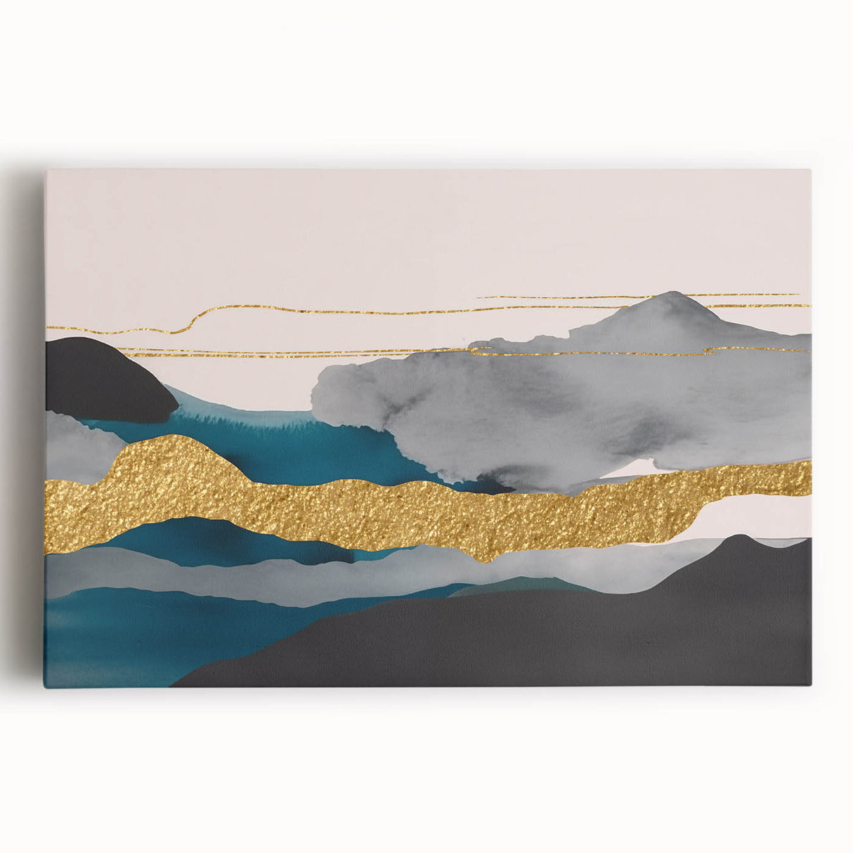 Colorful abstract strokes and lines on a stretched canvas design, showcasing vibrant hues of blue, orange, and yellow, perfect for modern wall art decor.