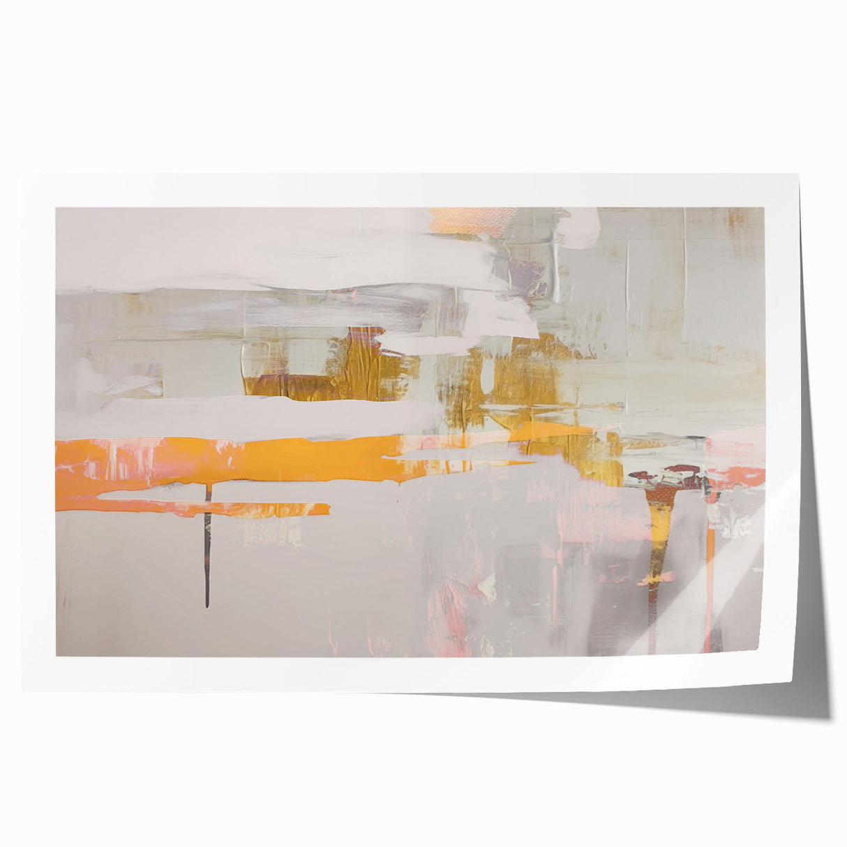 Abstract wall art print showcasing vibrant strokes and lines in blue, orange, and yellow hues, perfect for modern home decor.
