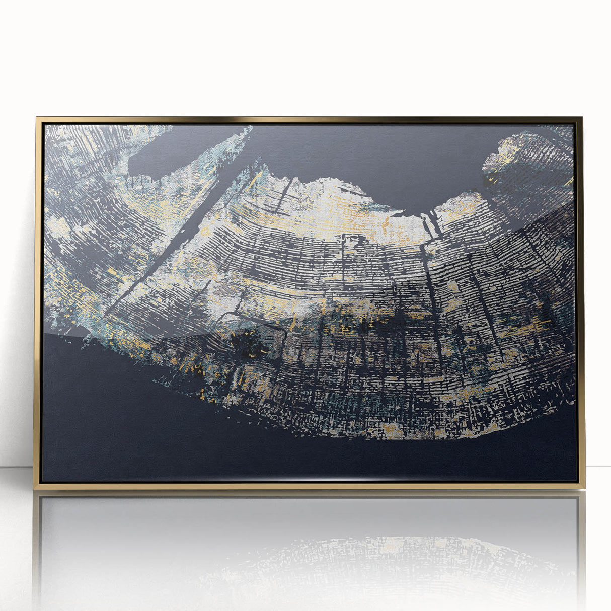 Framed wall art featuring an abstract design of colorful strokes and lines in gold and blue hues, perfect for modern decor or artistic spaces.