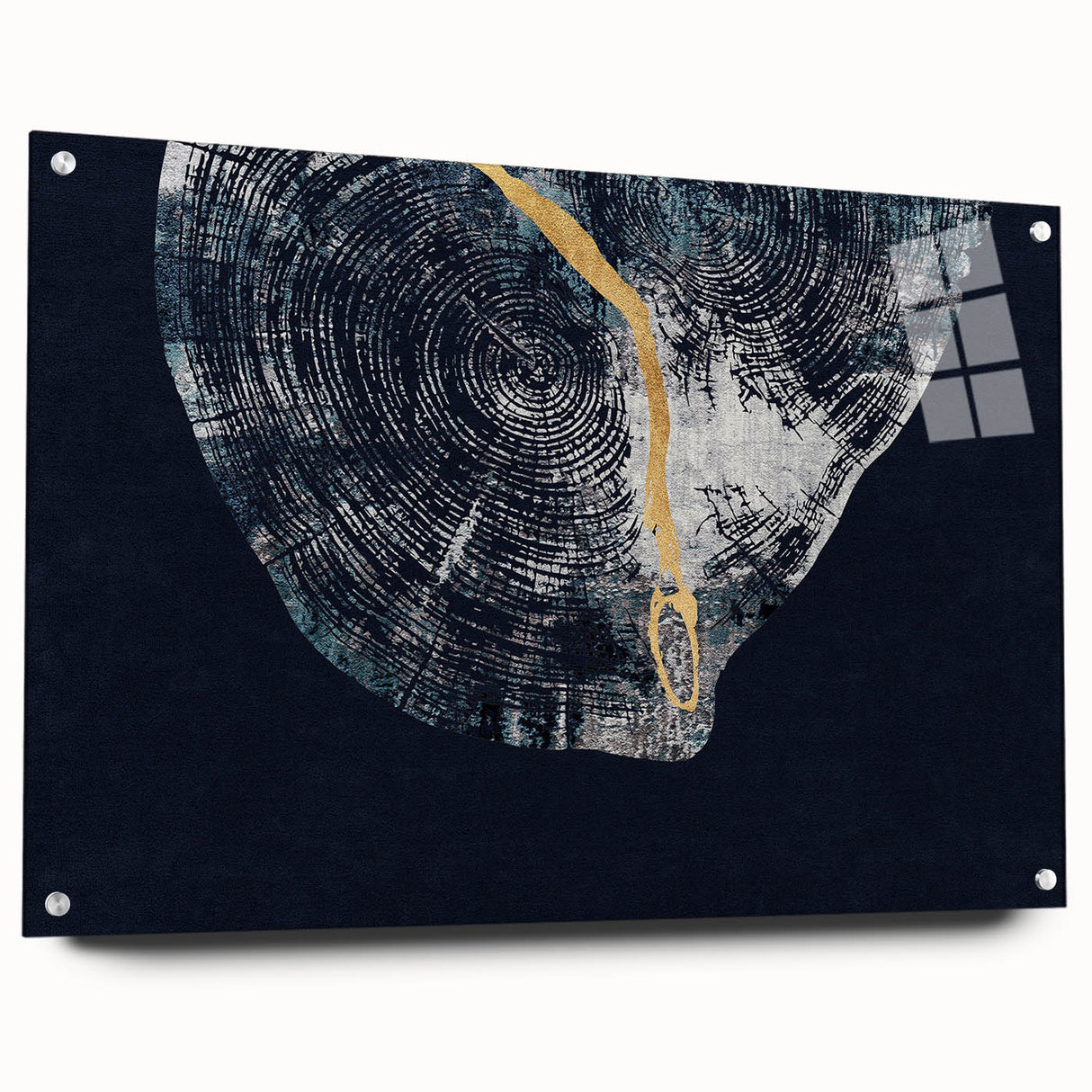 Abstract wall art featuring colorful strokes and lines on acrylic glass, showcasing a contemporary design with a side view and decorative pins for mounting.