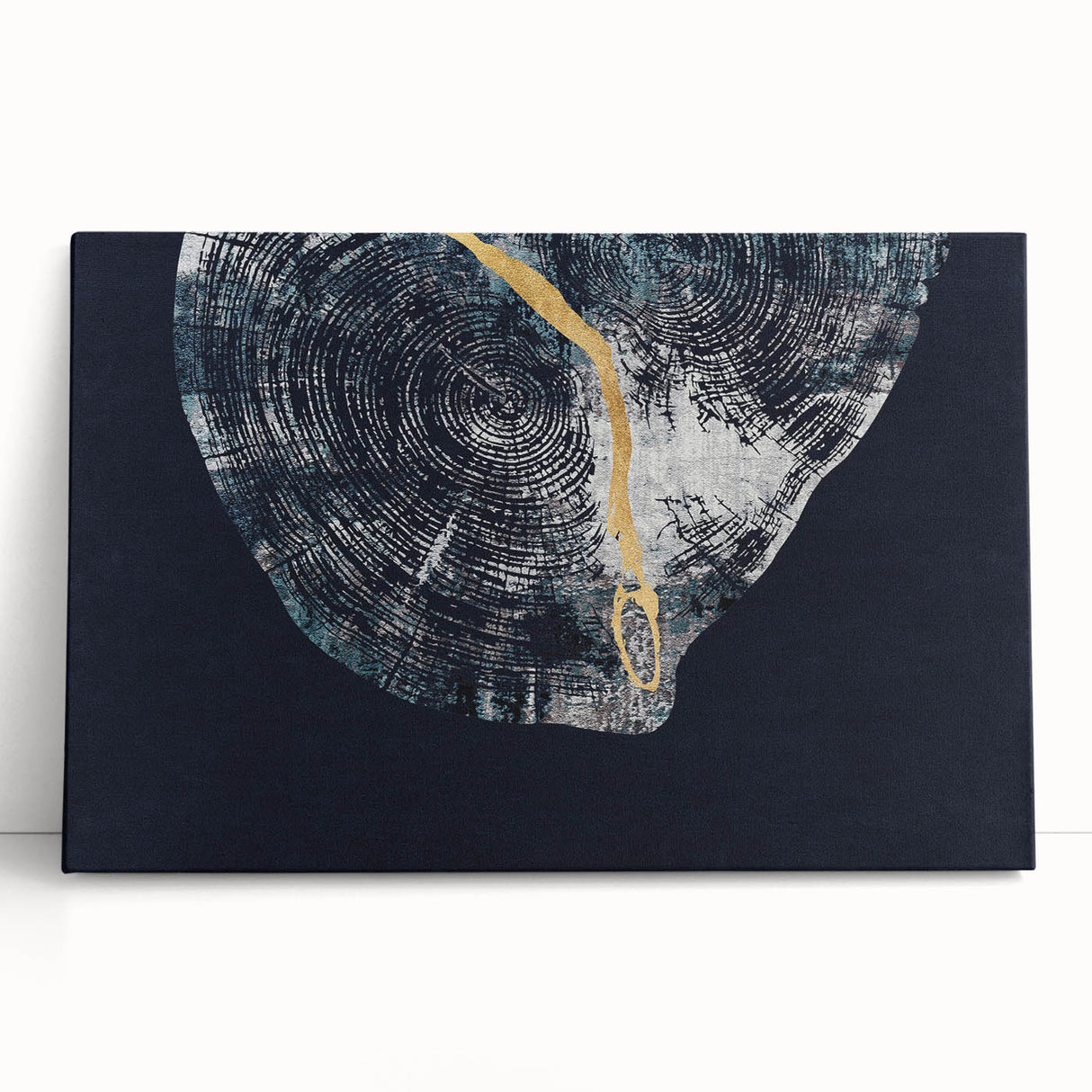 Abstract wall art design featuring vibrant strokes and lines in blue, orange, and yellow hues, printed on stretched canvas and leaning against a neutral wall, ideal for modern home decor.
