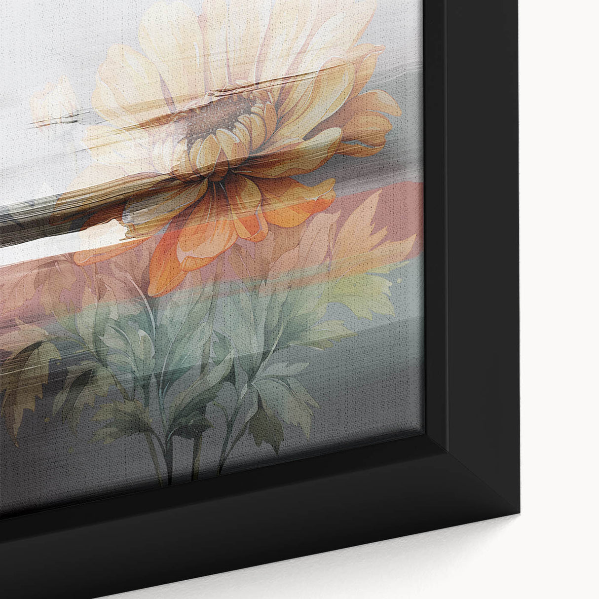 Close-up of abstract strokes and lines design in a framed canvas, showcasing vibrant colors and intricate patterns for modern wall decor.