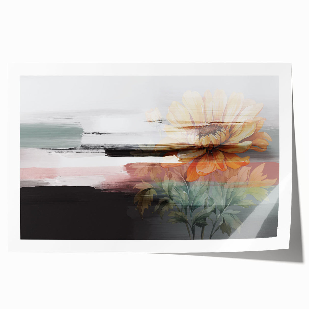 Abstract wall art print showcasing vibrant strokes and lines in shades of blue, orange, and yellow, ideal for modern decor.