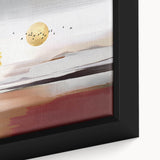 Close-up of a framed canvas wall art piece featuring an abstract design of colorful strokes and lines in vibrant hues, perfect for modern decor.