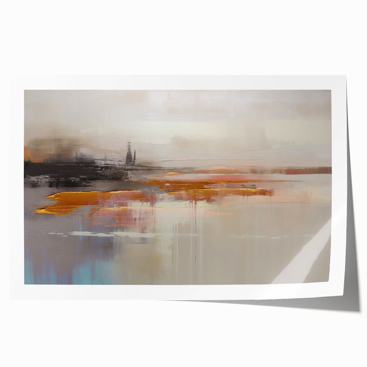 Abstract wall art print showcasing fluid strokes and lines in vibrant hues of blue, orange, and yellow, ideal for modern home decor.