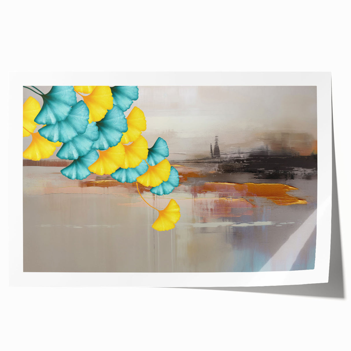 Abstract wall art print showcasing vibrant strokes and lines in shades of blue, yellow, and pink, ideal for modern home decor or office spaces.