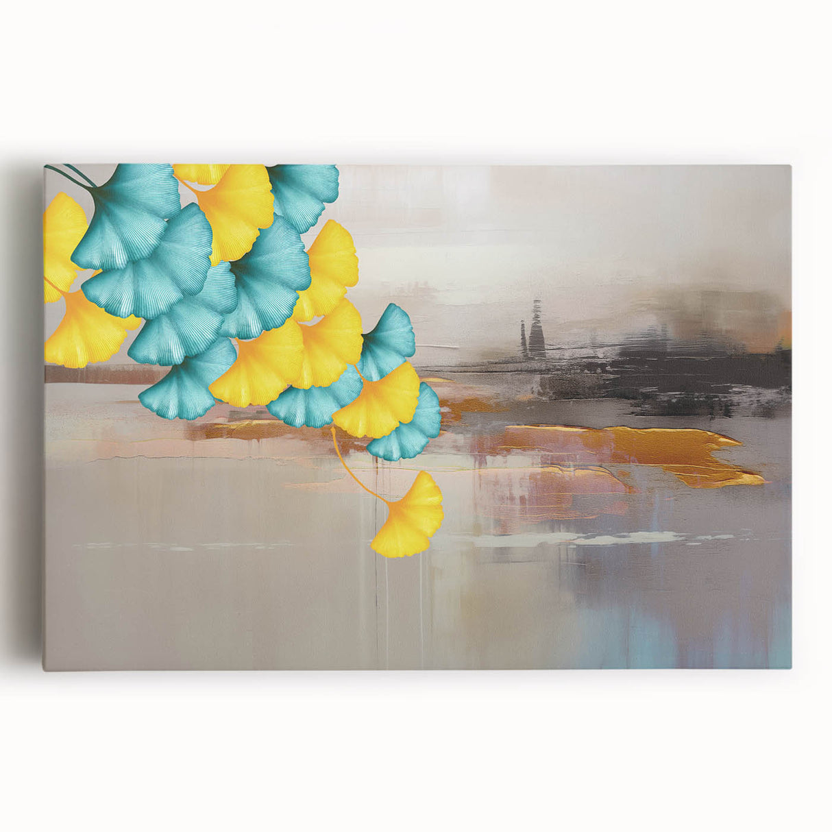 Abstract wall art featuring colorful strokes and lines on stretched canvas, showcasing a modern design perfect for contemporary home decor.
