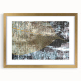 Abstract wall art print featuring strokes and lines in a harmonious blend of gold, white, and black colors, elegantly framed with a mat, perfect for modern home decor. This striking design enhances any living space, adding a touch of sophistication and creativity.