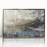 Framed wall art featuring an abstract design with gold strokes and lines on a white background, ideal for modern home decor and artistic interiors.