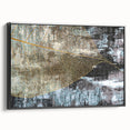 Framed canvas wall art showcasing an abstract design with bold strokes and lines in black and white, adding a modern touch to any decor. Side view highlights the sleek frame, ideal for enhancing living spaces or offices.