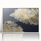 Framed abstract wall art featuring vibrant strokes and lines in shades of blue, green, and gold, designed to enhance modern decor aesthetics, front view displayed.