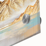 Colorful abstract wall art featuring dynamic strokes and lines, showcasing vibrant hues of blue, orange, and yellow on acrylic glass for modern decor.
