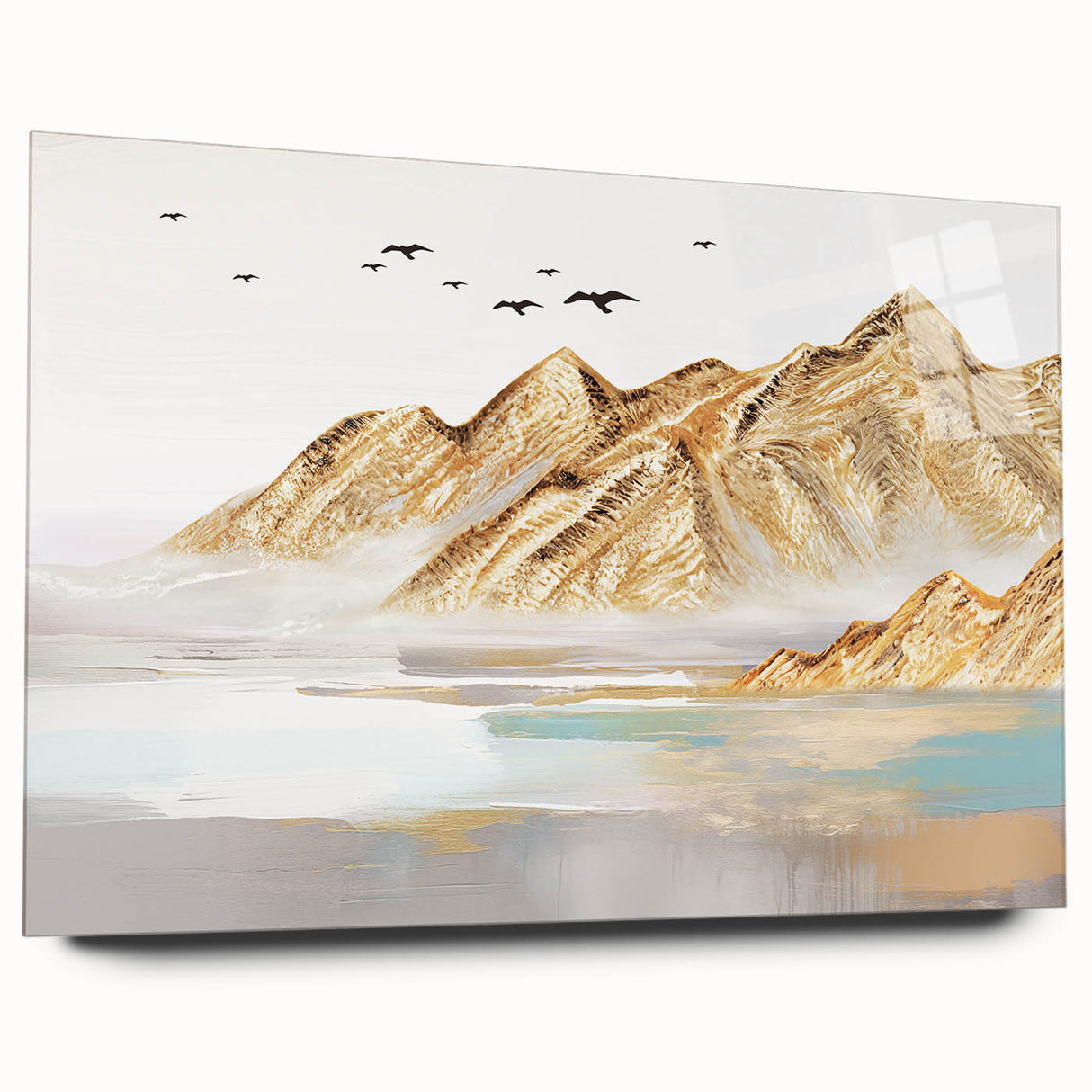 Abstract wall art featuring dynamic strokes and lines in vibrant colors, showcased in acrylic glass with a sleek side view, ideal for modern decor.