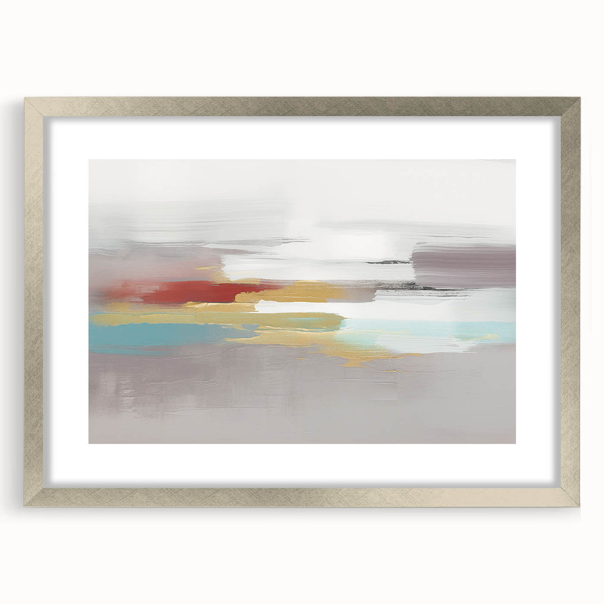 Framed abstract wall art featuring colorful strokes and lines in a modern design, showcased in a silver frame with a mat, enhancing any decor.