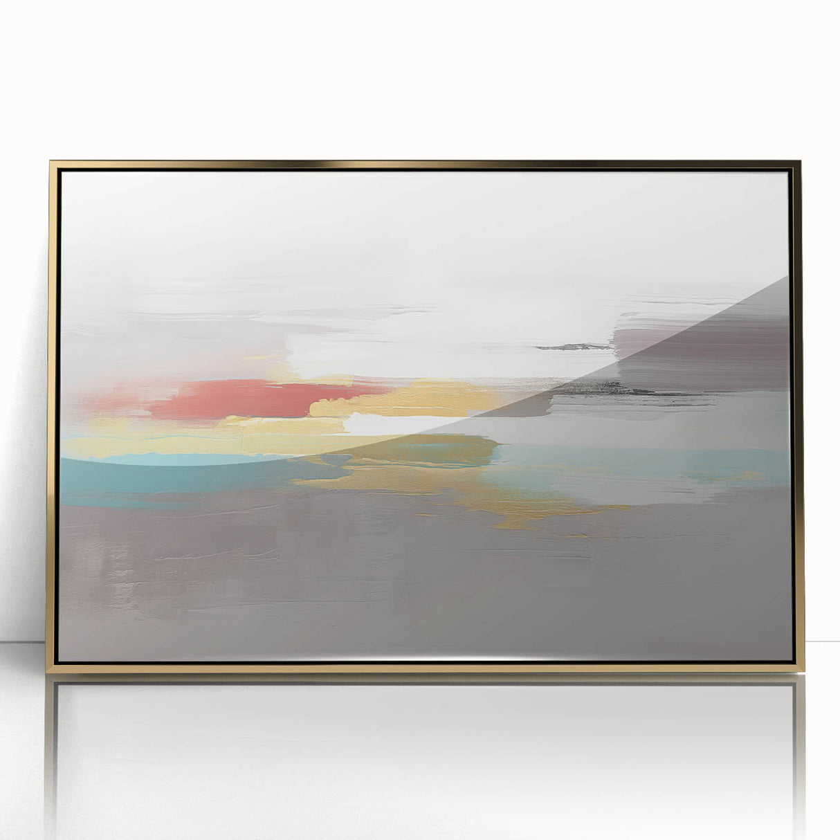 Framed abstract wall art featuring dynamic gold strokes and lines on a sleek acrylic surface, ideal for modern home decor.