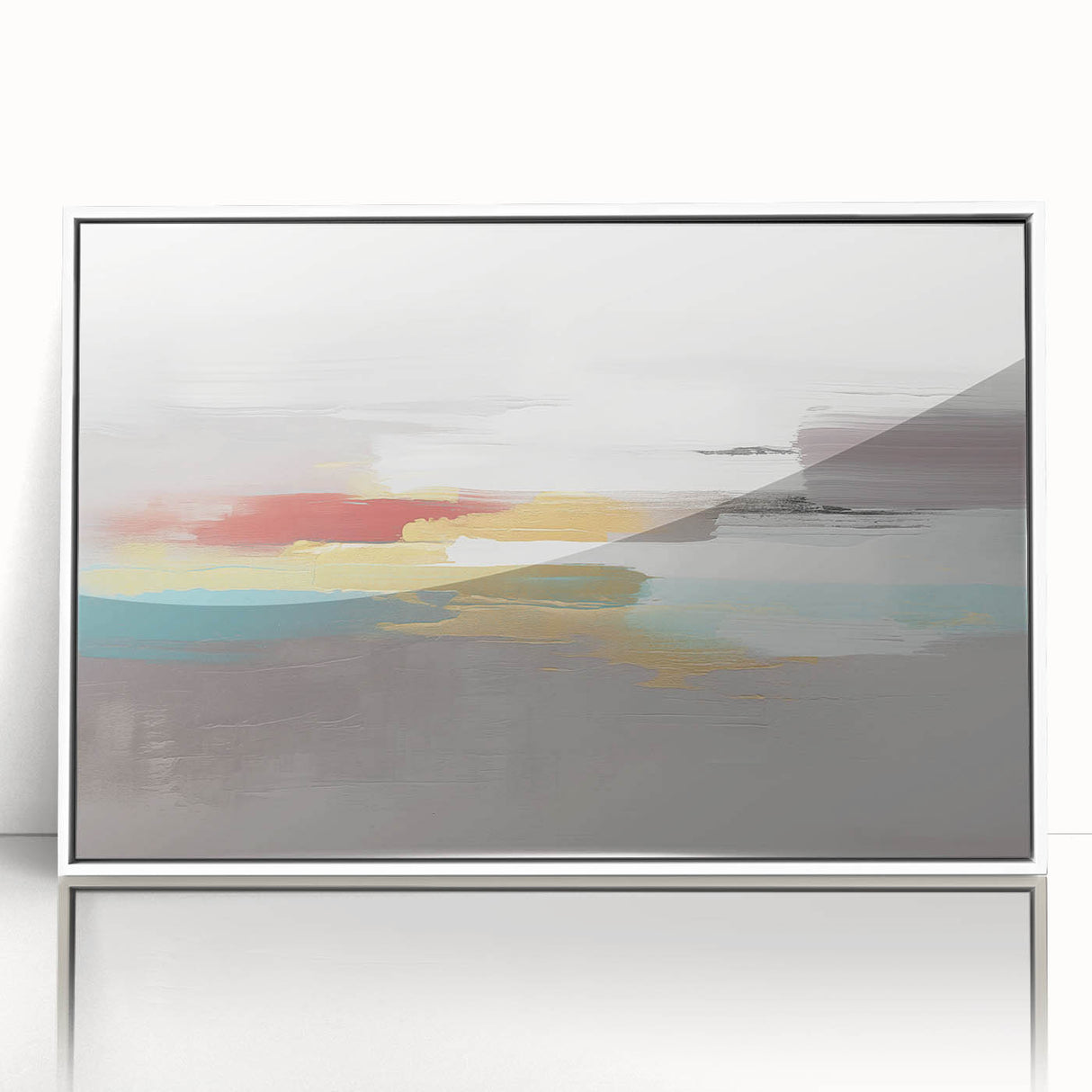 Framed abstract wall art featuring colorful strokes and lines in vibrant hues, set against a sleek white frame, perfect for modern decor.