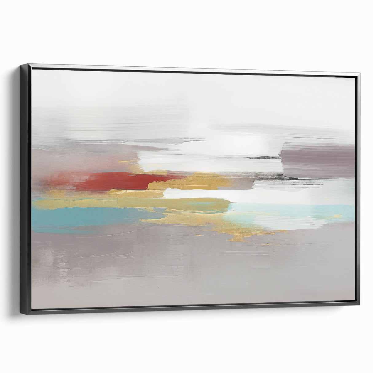 Framed abstract wall art showcasing dynamic strokes and lines in a modern design, featuring a sleek black frame and side view display.