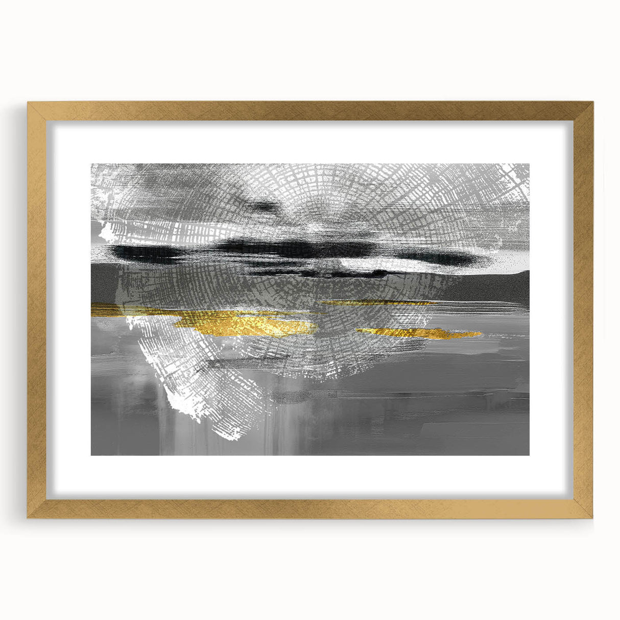 Abstract wall art print showcasing dynamic strokes and lines in gold and neutral tones, elegantly framed with a mat for a sophisticated look.