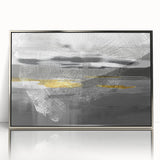 Framed abstract wall art featuring dynamic strokes and lines in silver and gray hues, perfect for modern home decor.