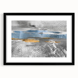 Framed abstract wall art featuring colorful strokes and lines in a modern design, set against a sleek black frame with matting.
