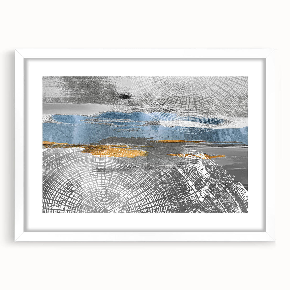 Abstract wall art featuring colorful strokes and lines in a modern design, framed in white with a mat, perfect for contemporary decor.