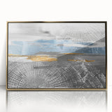 Framed wall art showcasing an abstract design with vibrant strokes and lines in gold and black, perfect for modern home decor.