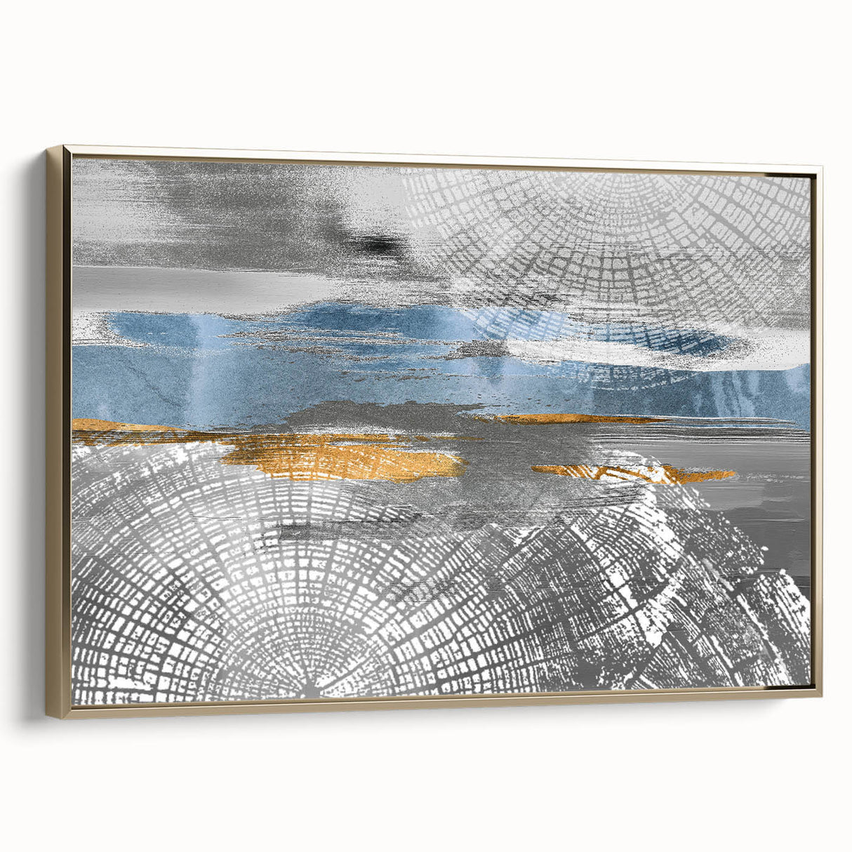 Abstract wall art featuring a modern design with gold strokes and lines, elegantly framed, showcasing a sophisticated side view for home decor.