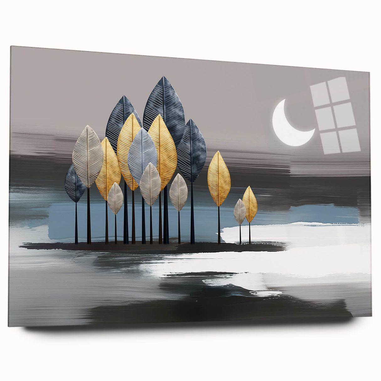 Abstract strokes and lines wall art design displayed in an acrylic glass frame, showcasing vibrant colors and modern aesthetic from a side view.