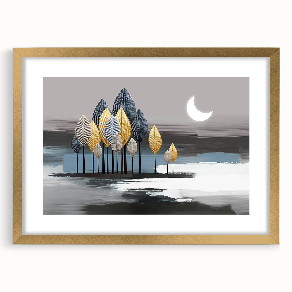 Abstract strokes and lines wall art design in a gold frame with a mat, showcasing modern artistic expression and vibrant colors.