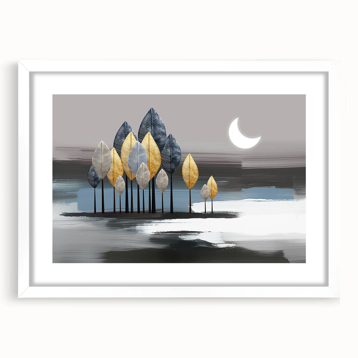 Abstract wall art featuring colorful strokes and lines in a modern design, framed in a sleek white frame with a mat, enhancing any decor.