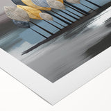 Abstract wall art design featuring vibrant strokes and lines in shades of blue, orange, and gold, perfect for modern home decor.