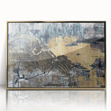 Framed acrylic wall art featuring abstract gold strokes and lines design, showcasing a modern aesthetic ideal for contemporary home decor. Perfect for living rooms or office spaces, this artwork adds a touch of elegance and sophistication to any interior.