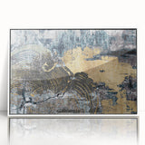 Framed wall art showcasing an abstract design with colorful strokes and lines, presented in a sleek white frame, ideal for modern home decor.